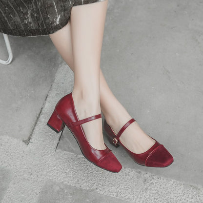 Women Square Toe Mary Jane Block Heels Pumps