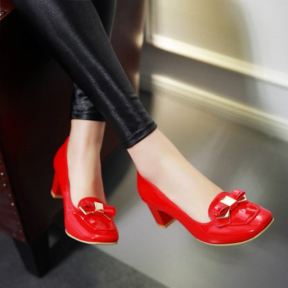 Women Square Toe Bowtie Block Heels Pumps