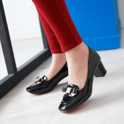 Women Square Toe Bowtie Block Heels Pumps