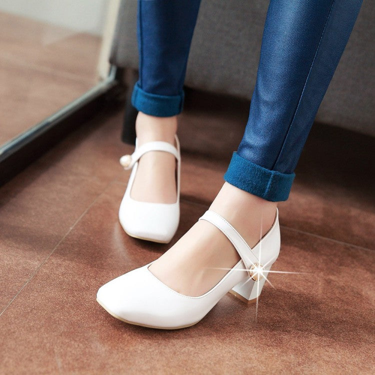 Women Mary Jane with Pearl Block Heels Pumps