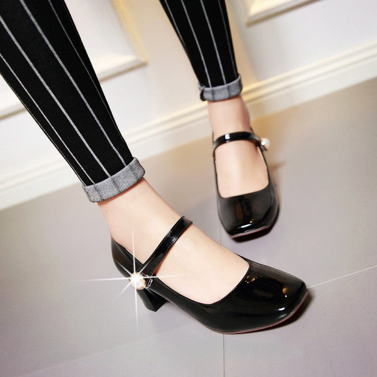 Women Mary Jane with Pearl Block Heels Pumps