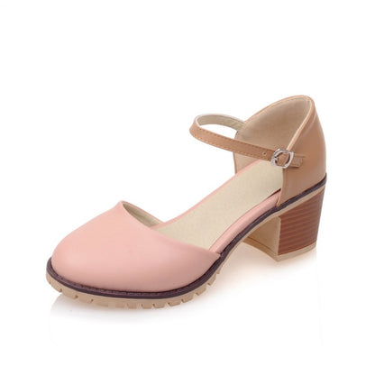 Women Color Block Round Toe Ankle Strap Block Heel Sandals