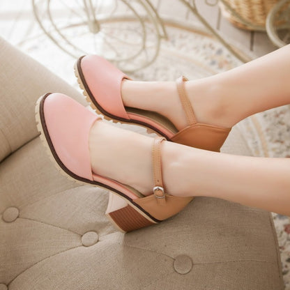 Women Color Block Round Toe Ankle Strap Block Heel Sandals