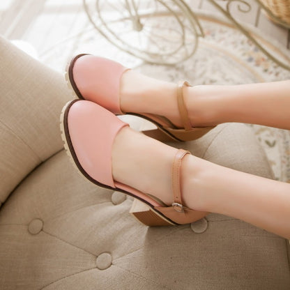 Women Color Block Round Toe Ankle Strap Block Heel Sandals