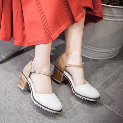 Women Color Block Round Toe Ankle Strap Block Heel Sandals