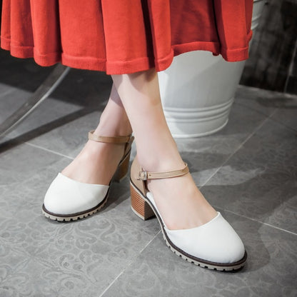 Women Color Block Round Toe Ankle Strap Block Heel Sandals