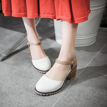 Women Color Block Round Toe Ankle Strap Block Heel Sandals