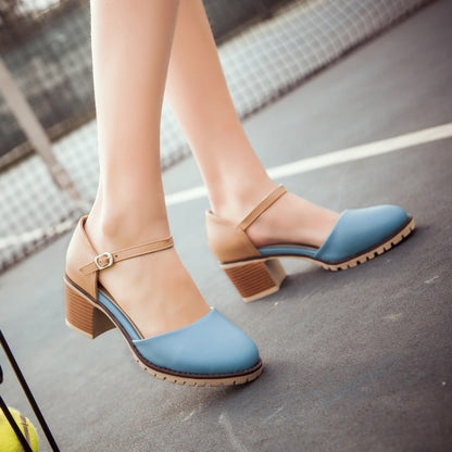 Women Color Block Round Toe Ankle Strap Block Heel Sandals