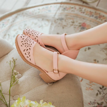 Women Round Toe Hollow Out Ankle Strap Block Heel Sandals