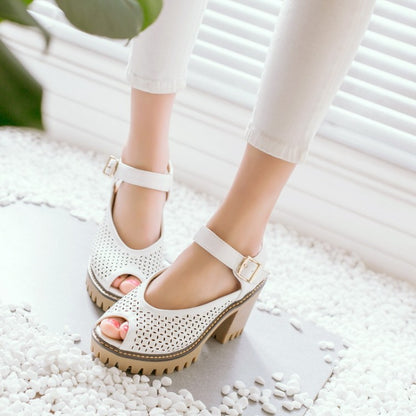 Women Peep Toe Hollow Out Chunky Heel Platform Sandals