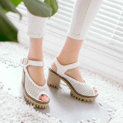 Women Peep Toe Hollow Out Chunky Heel Platform Sandals