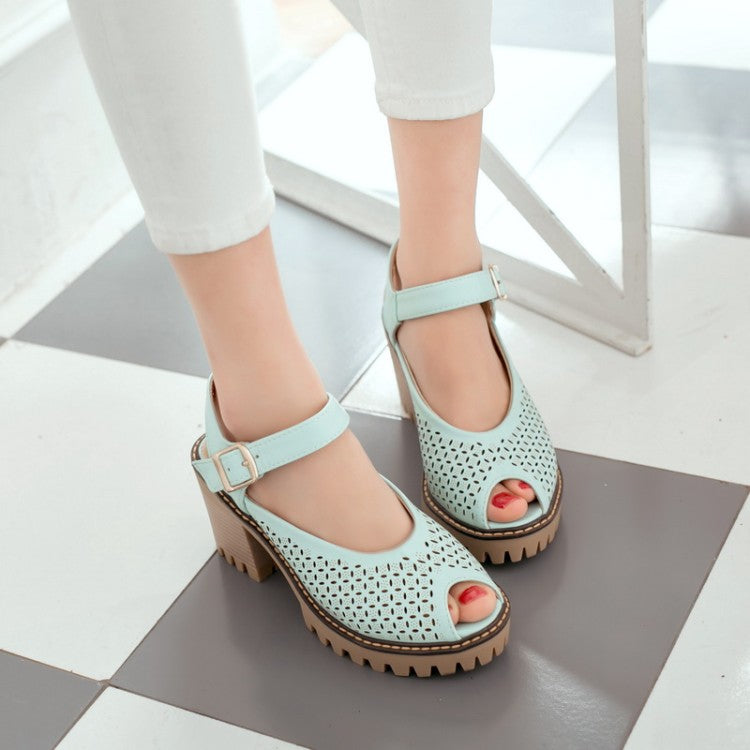 Women Peep Toe Hollow Out Chunky Heel Platform Sandals