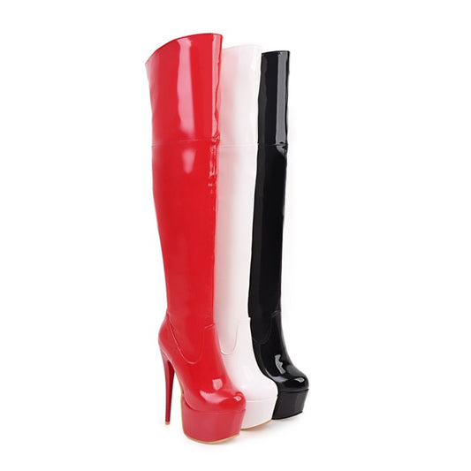 Women Glossy Stitching Stiletto Heel Platform Over the Knee Boots