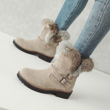 Women Buckle Belt Low Heel Short Snow Boots