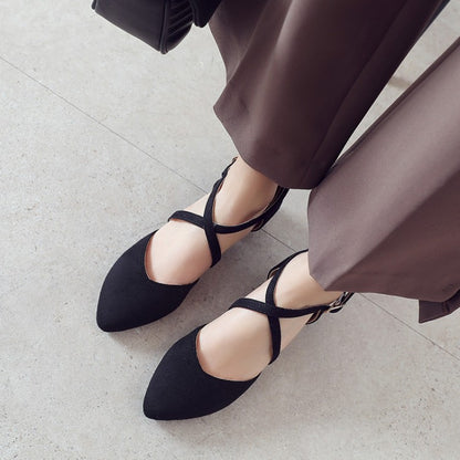 Women Suede Pointed Toe Hollow Out Block Heel Sandals