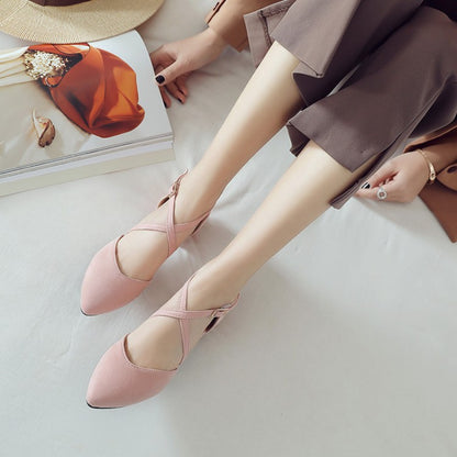 Women Suede Pointed Toe Hollow Out Block Heel Sandals