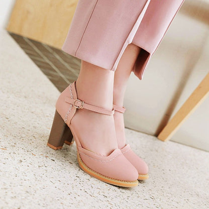 Women Round Toe Ankle Strap Chunky Heel Sandals