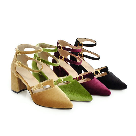 Women Pointed Toe Suede Metal Buckle Chunky Heel Sandals