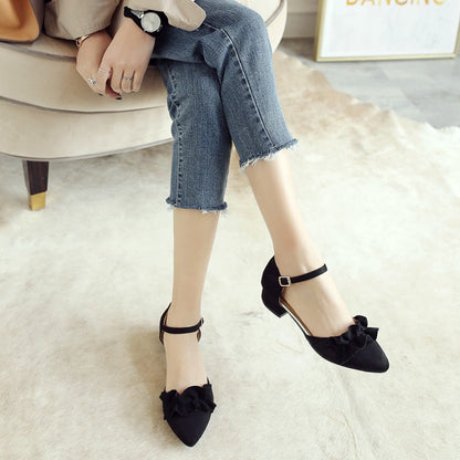 Women Suede Pointed Toe Ruffles Ankle Strap Block Heel Sandals