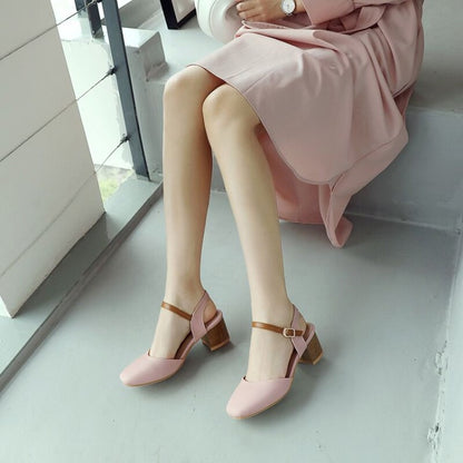 Women Solid Color Ankle Strap Block Heel Sandals