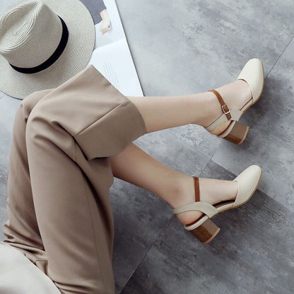 Women Solid Color Ankle Strap Block Heel Sandals