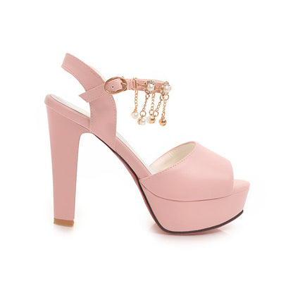 Women Ankle Strap Chains Pearls High Heel Platform Sandals