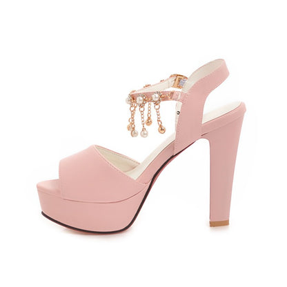 Women Ankle Strap Chains Pearls High Heel Platform Sandals