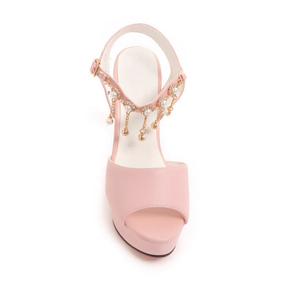 Women Ankle Strap Chains Pearls High Heel Platform Sandals