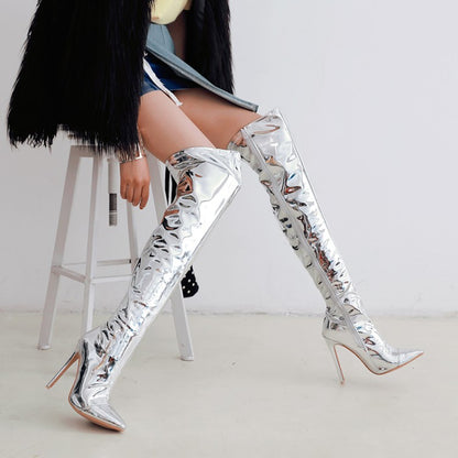 Women Patent Leather Pointed Toe Side Zippers Stiletto Heel Over the Knee Boots