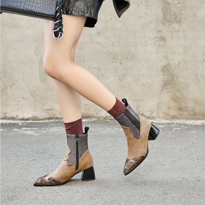 Women Metal Pointed Toe Bicolor Block Chunky Heel Punk Short Boots