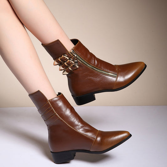 Women Pointed Toe Buckle Belt Low Heels Short Boots