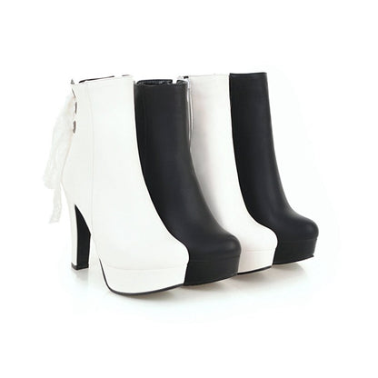 Women Pu Leather Back Tied Lace Chunky Heel Platform Short Boots