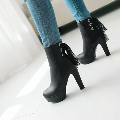 Women Pu Leather Back Tied Lace Chunky Heel Platform Short Boots