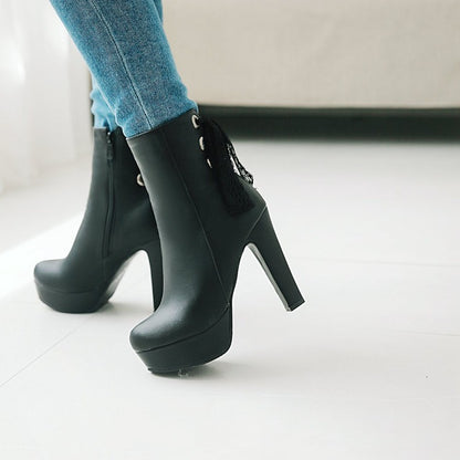 Women Pu Leather Back Tied Lace Chunky Heel Platform Short Boots