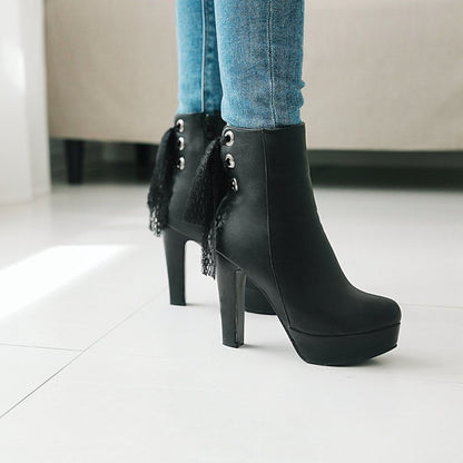 Women Pu Leather Back Tied Lace Chunky Heel Platform Short Boots