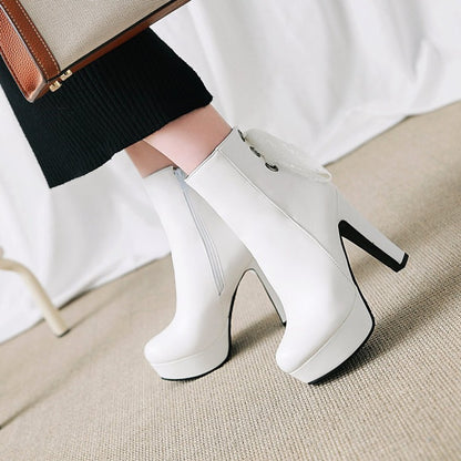 Women Pu Leather Back Tied Lace Chunky Heel Platform Short Boots