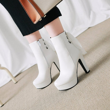 Women Pu Leather Back Tied Lace Chunky Heel Platform Short Boots