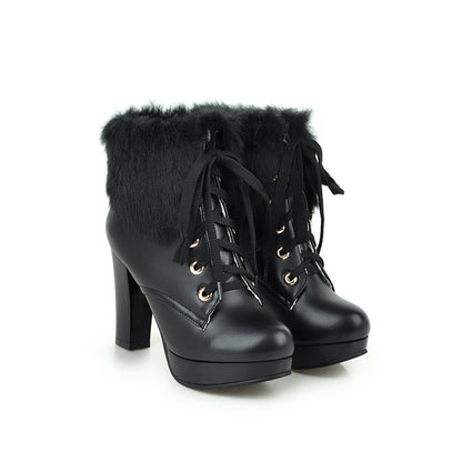 Motorcycle Boots Fur Collar Lace Up Winter High Heels Women Shoes