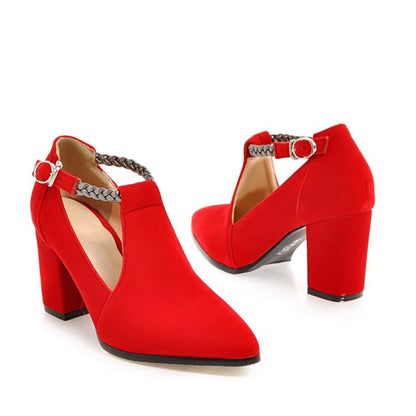 Women Metal Deco T Strap Block High Heels