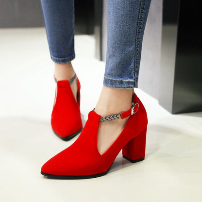 Women Metal Deco T Strap Block High Heels