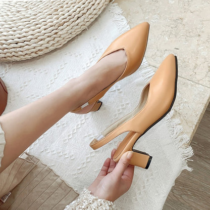 Women Solid Color Pointed Toe Chunky Heel Medium Block Heel Slingbacks Sandals