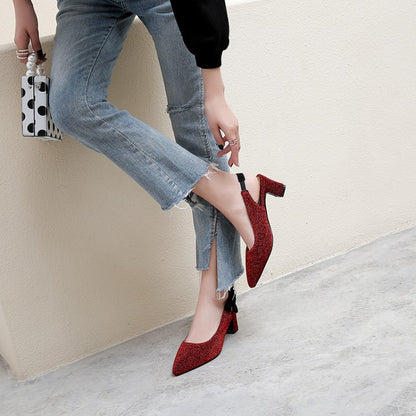 Women Pointed Toe Chunky Heel Slingbacks Sandals