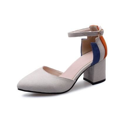 Women Pointed Toe Hollow Out Color Block Ankle Strap Block Heel Sandals