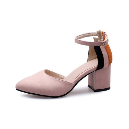 Women Pointed Toe Hollow Out Color Block Ankle Strap Block Heel Sandals