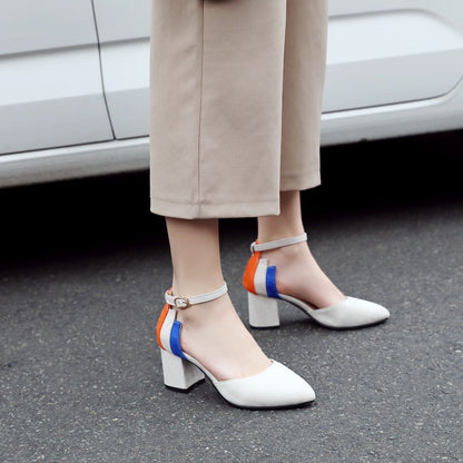 Women Pointed Toe Hollow Out Color Block Ankle Strap Block Heel Sandals