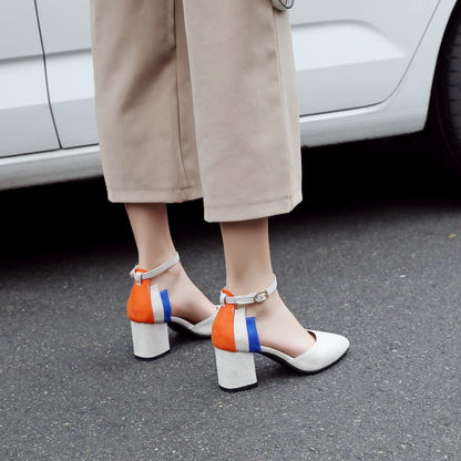 Women Pointed Toe Hollow Out Color Block Ankle Strap Block Heel Sandals