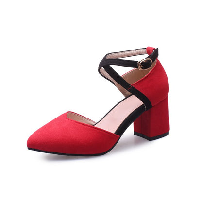 Women SuedePointed Toe Color Block Ankle Strap Block Heel Sandals