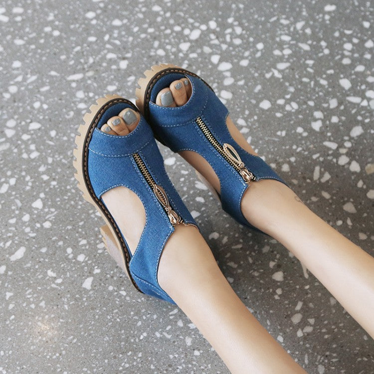 Women Denim Zipper Chunky Heel Platform Sandals