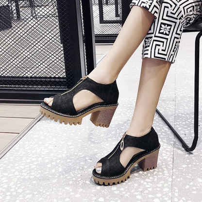 Women Denim Zipper Chunky Heel Platform Sandals