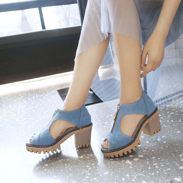 Women Denim Zipper Chunky Heel Platform Sandals